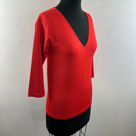 LINDA ALLARD ELLEN TRACY Red Orange Silk Blend 3/4 Sleeve V-Neck Knit Top Size M - Picture 4 of 9